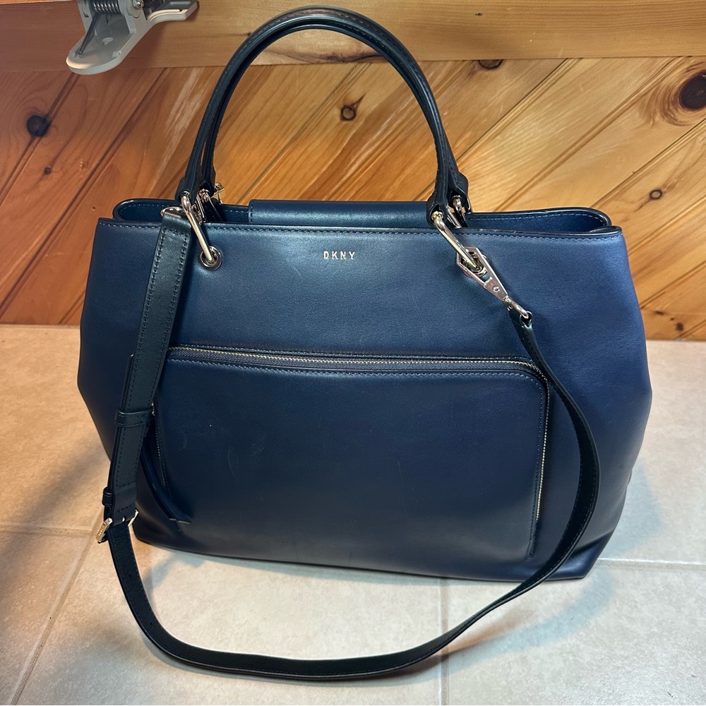 DKNY Bryant Park Navy Blue Leather Front Pocket Satchel